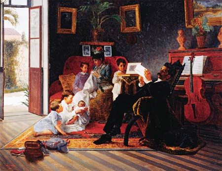José Ferraz de Almeida Júnior, (Brasil 1850-1899) Familia reunida em casa do interior