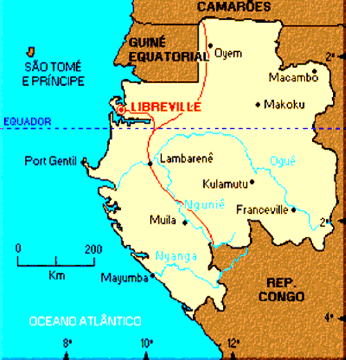 Mapa do Gabão, na costa oeste do continente africano. 