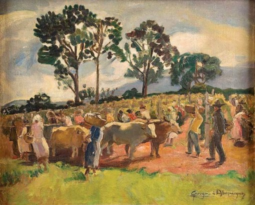 Georgina de Albuquerque,Fazenda com figuras e animais, óleo sobre tela,(c.1952) - 39 x 47 cm.
