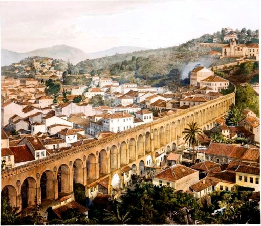 J Steinmann, Aqueduto do Rio de Janeiro, litogravura aquarelada, 47x58