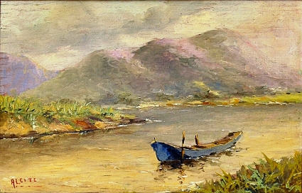 ARMANDO LEITE (SÉC.XIX-XX). Canoa em Repouso na Lagoa de Marapendi - Barra da Tijuca, óleo s madeira, 27 X 40. Assinado no c.i.e. e no verso (1949)