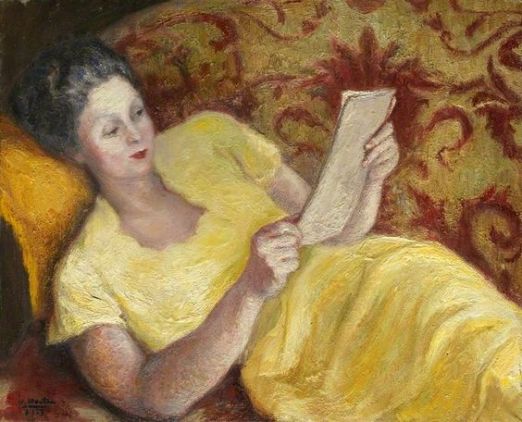 Georges van Houten (Belgica, 1888-1964) Retrato de mulher em amarelo lendo um livro, 1953