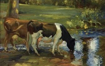 dairy cows by a stream By Sir Alfred James Munnings