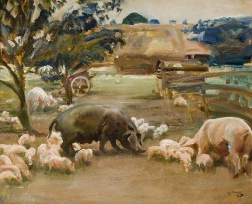 Munnings, Alfred James, 1878-1959; Pigs at Great Thurlow, Suffolk