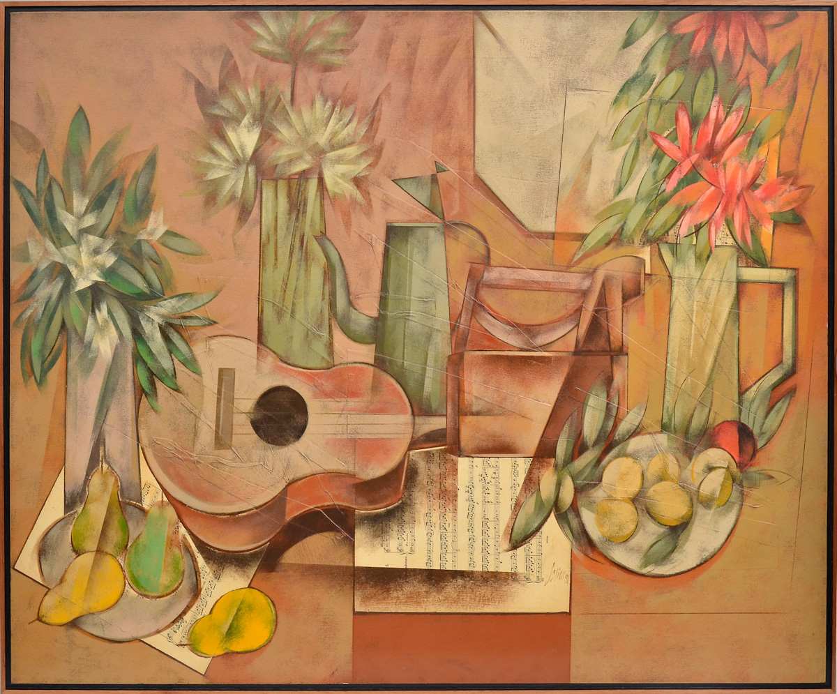 CARLOS SCLIAR - Grande composição, flores, ferro de passar, vinil e colagem sobre tela, 1991. 100x130 cm.